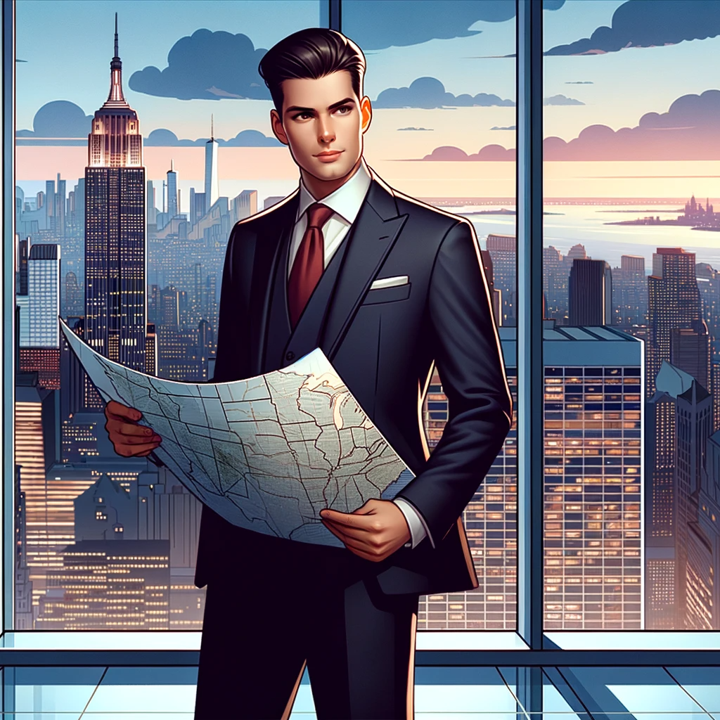 Illustration of a male business executive in a sharp suit, holding a large map, standing confidently in a modern skyscraper in New York City. Behind him, the large panoramic windows reveal the majestic Manhattan skyline bathed in the soft hues of dusk.