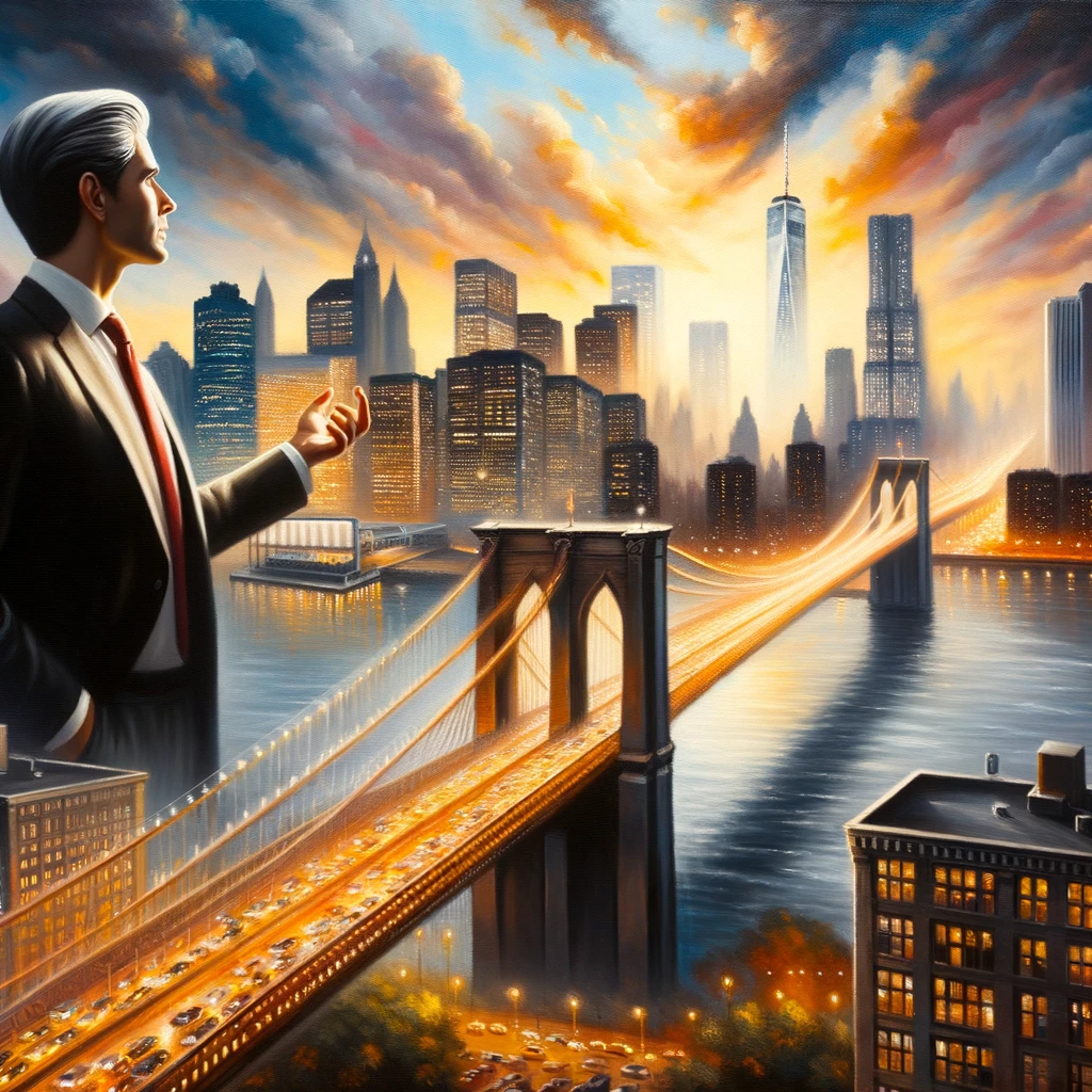 Oil painting capturing an entrepreneur in a moment of determination. A majestic bridge, illuminated by the glow of sunset, stretches ahead, leading to a bustling city skyline. The bridge and city together represent the promise of a lucrative journey ahead.