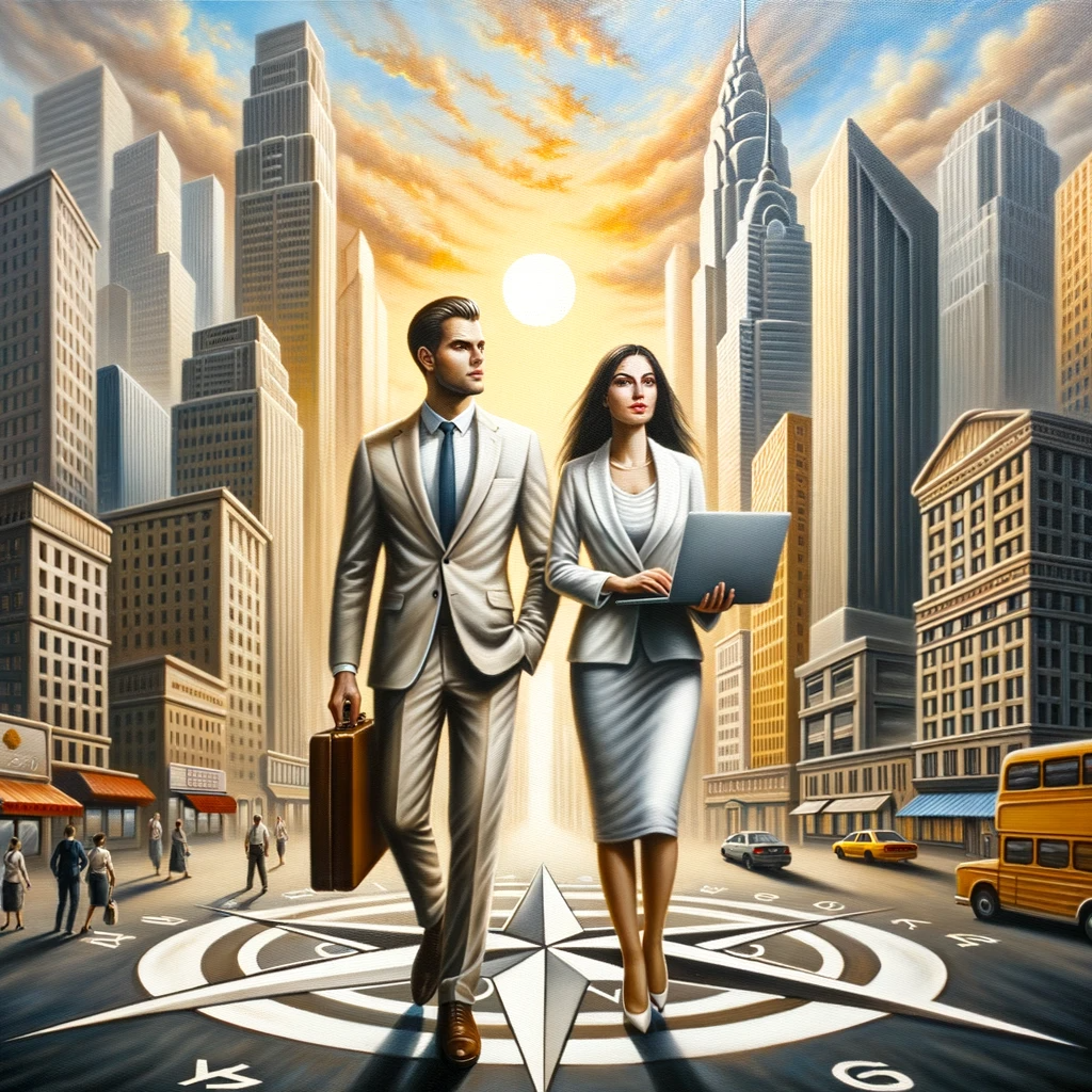 Oil painting of a man and a woman in a bustling city. The man holds a laptop and the woman clutches a briefcase. Skyscrapers rise in the background, symbolizing growth. A compass rose is subtly painted on the ground, indicating direction. In the sky, a rising sun casts a golden hue, epitomizing success.