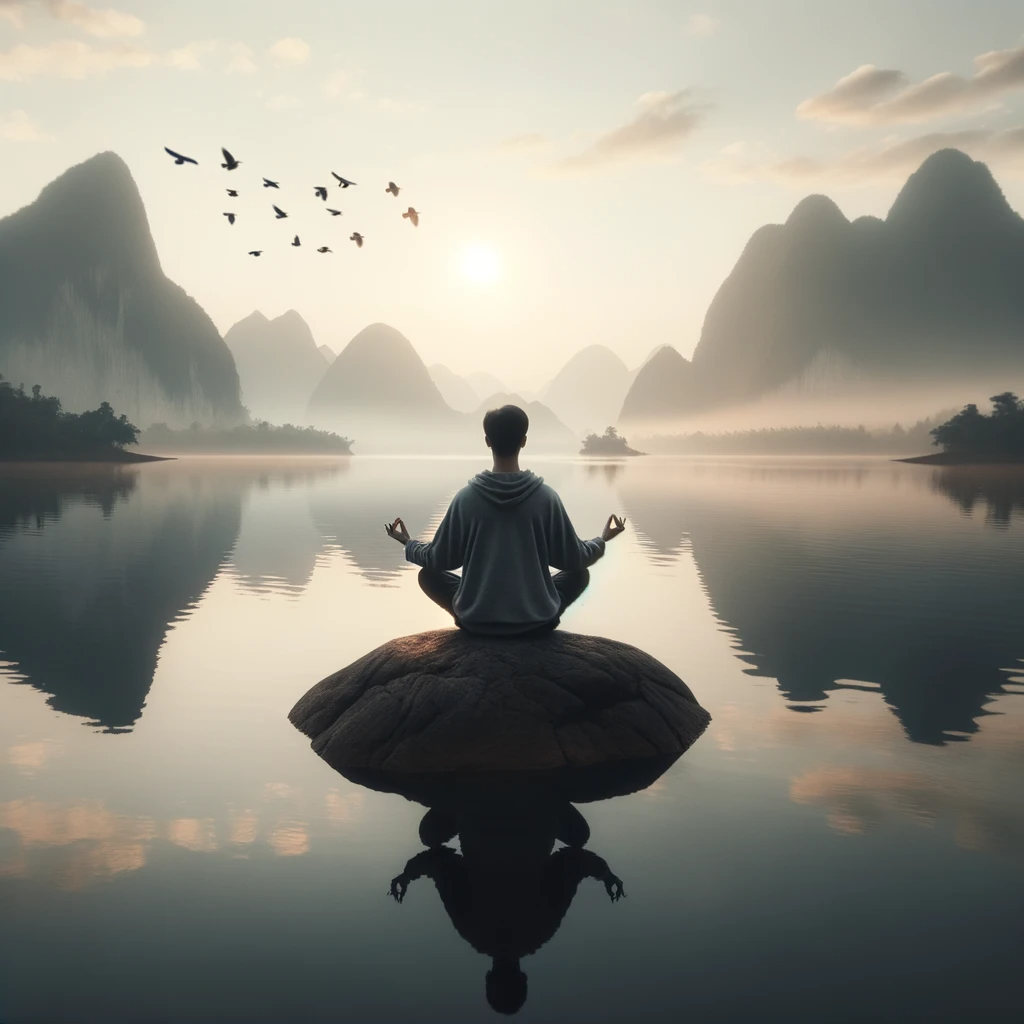 Photo of a person meditating in a serene environment, representing self-awareness. The individual is seated on a rock by a calm lake, with the reflection of mountains in the water. Birds are seen flying in the distance, symbolizing freedom and clarity of mind.