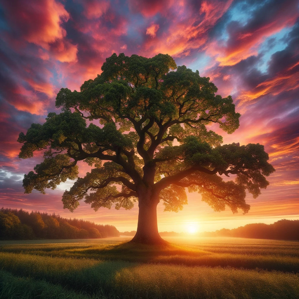 Photo of a robust oak tree epitomizing growth and durability. It stands proudly in a peaceful setting, with a breathtaking, multicolored sunrise illuminating the sky, reflecting the dawn of new opportunities and the potential that lies ahead.