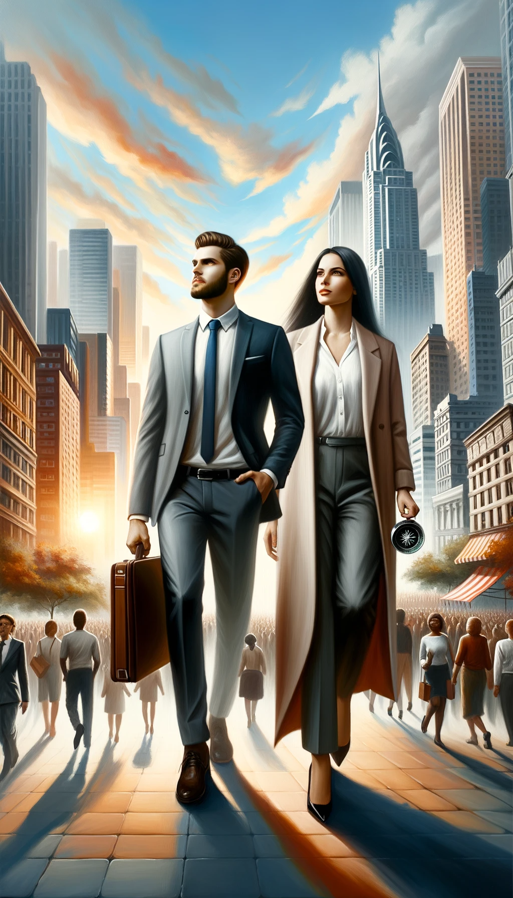 Tall oil painting of a diverse male and female in a bustling city setting, with skyscrapers and people moving about. The man holds a compass, representing direction, while the woman holds a briefcase symbolizing growth. Their expressions are confident and determined, looking forward to a horizon where the sun sets, indicating the culmination of their success.